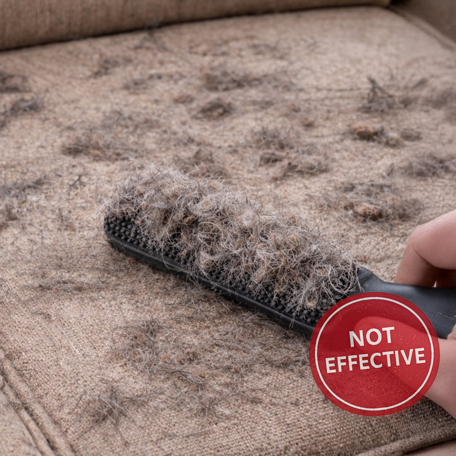 Rubber brush moving pet hair across fabric